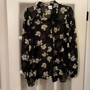 CAbi Black and White Floral Sheer Blouse with Notched Collar